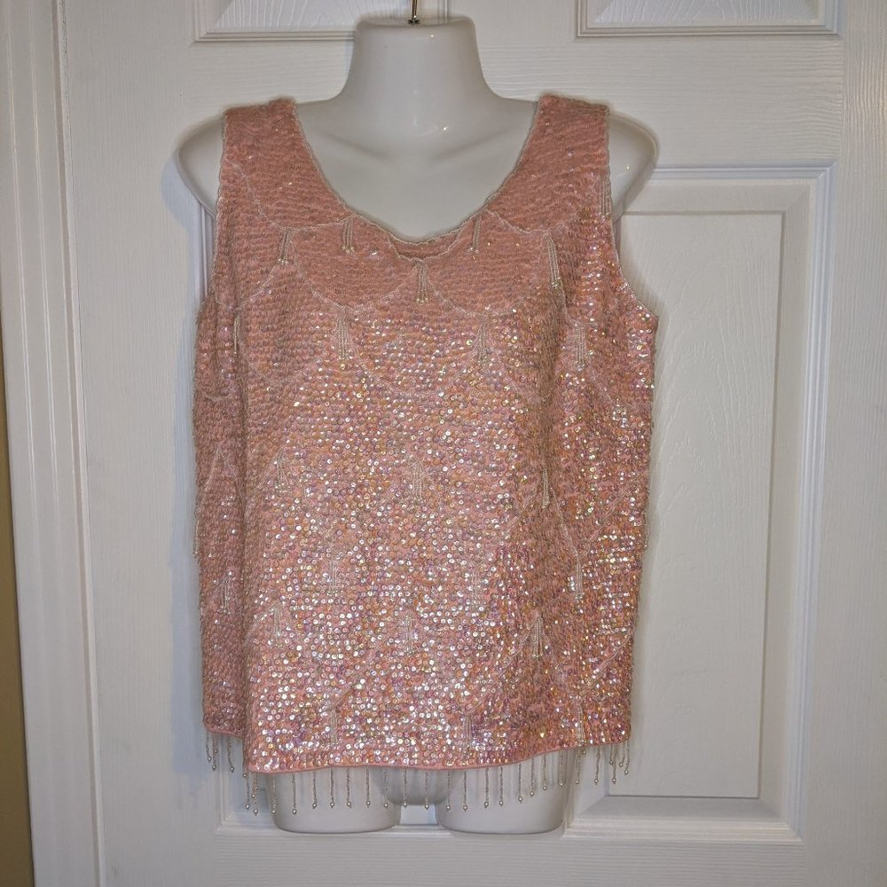 Vintage 50/60's Pink w/Iridescent Sequins & Beads Wool Top By Imperial - size S